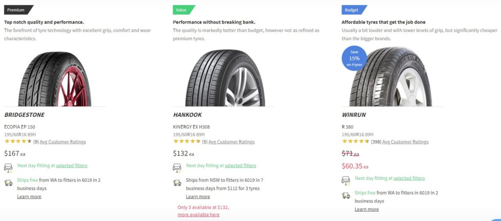 Comparing prices of Premium, Value, and Budget Tyres